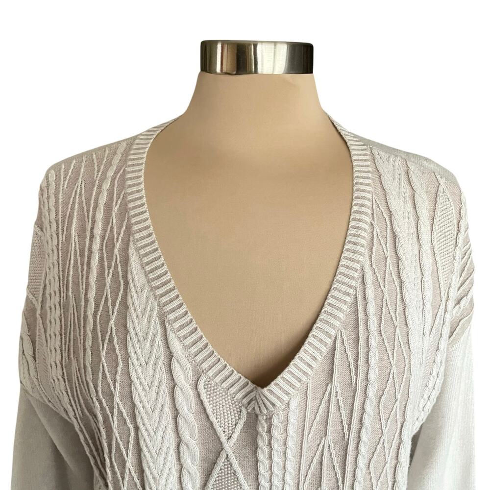 Woolrich Beige Multi-Texural Knit Fisherman's Sweater Women LARGE V-neck (flaw) - Picture 3 of 13